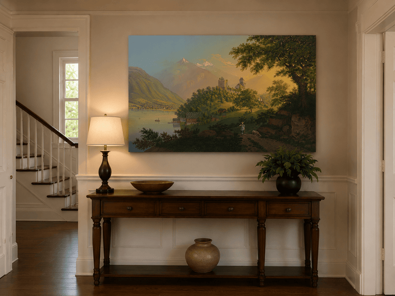 Landscape Oil Painting - Alpine Church, Lake and Mountain Village