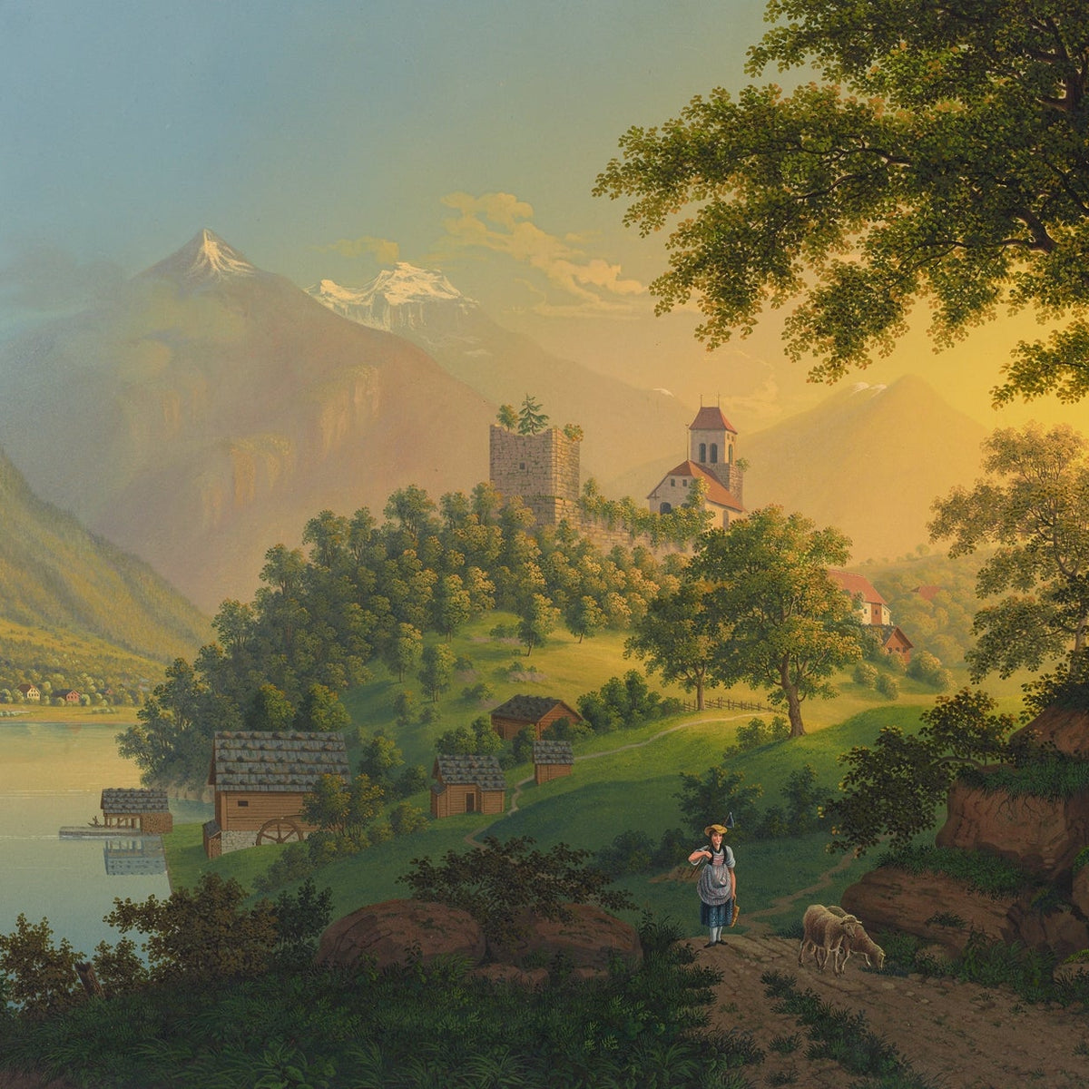 Hand-painted alpine church, lake and mountain village landscape oil painting on canvas