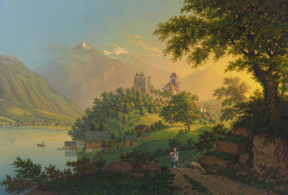 Hand-painted alpine church, lake and mountain village landscape oil painting on canvas