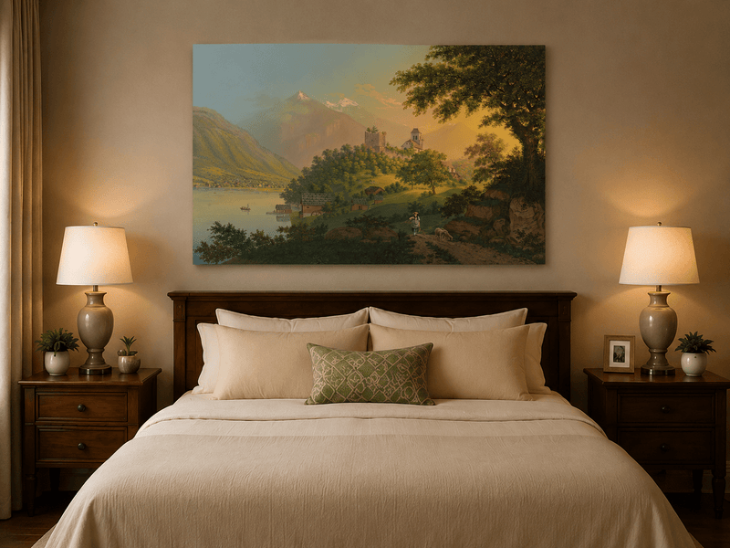 Landscape Oil Painting - Alpine Church, Lake and Mountain Village