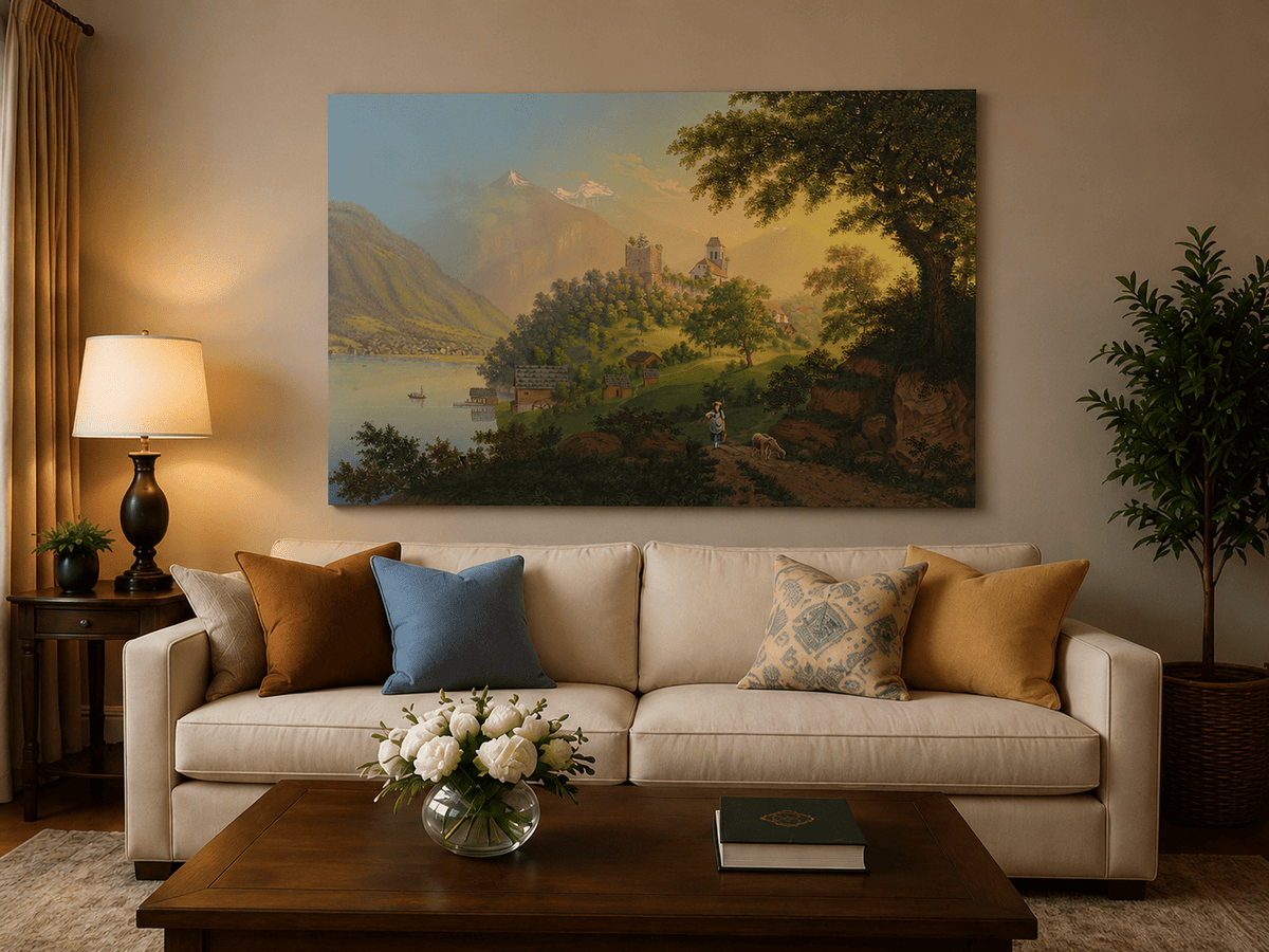 Landscape Oil Painting - Alpine Church, Lake and Mountain Village