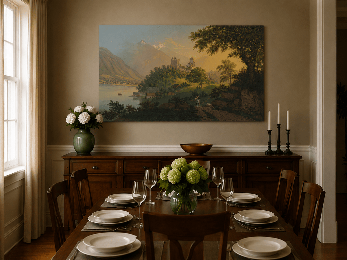 Landscape Oil Painting - Alpine Church, Lake and Mountain Village