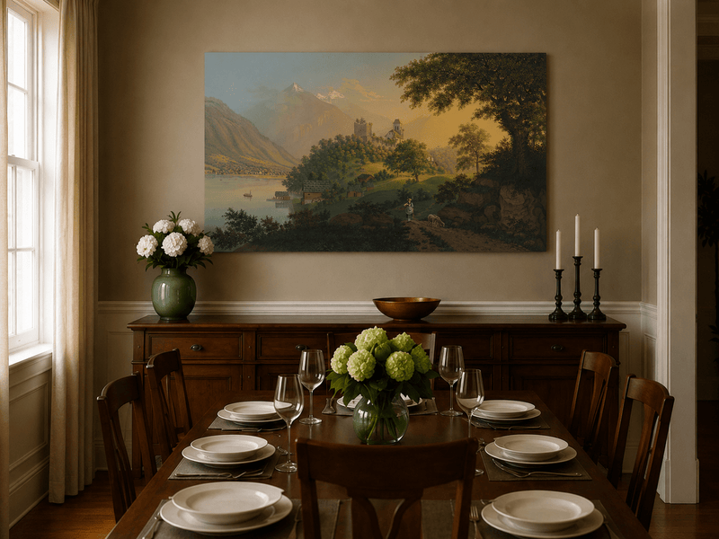 Landscape Oil Painting - Alpine Church, Lake and Mountain Village