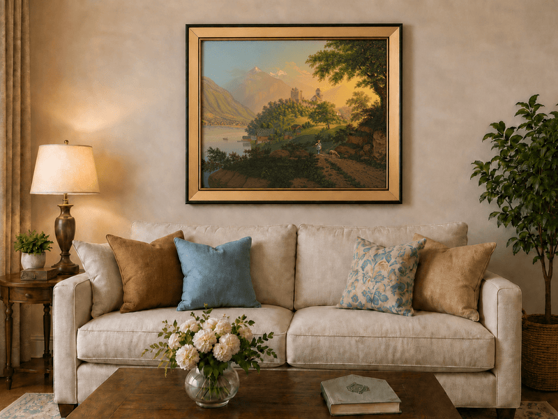 Landscape Oil Painting - Alpine Church, Lake and Mountain Village