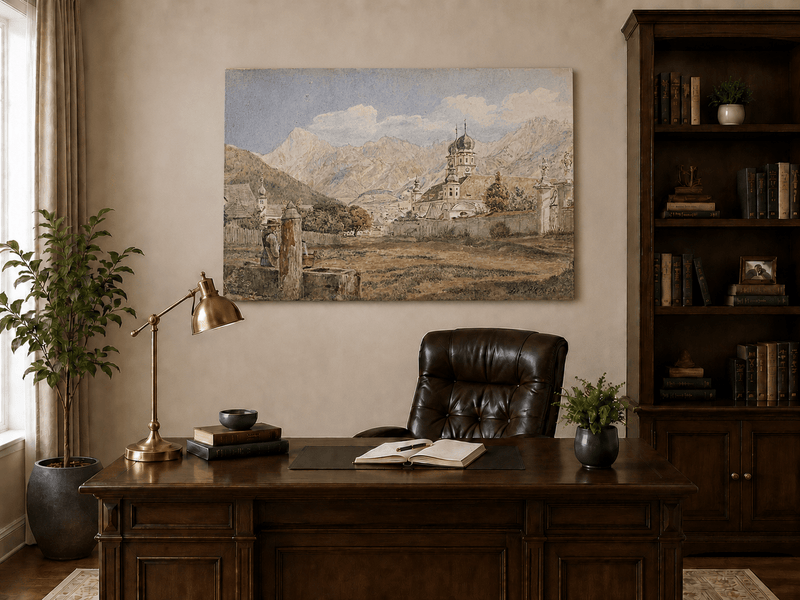 Landscape Oil Painting - Alpine Church Town with Mountains