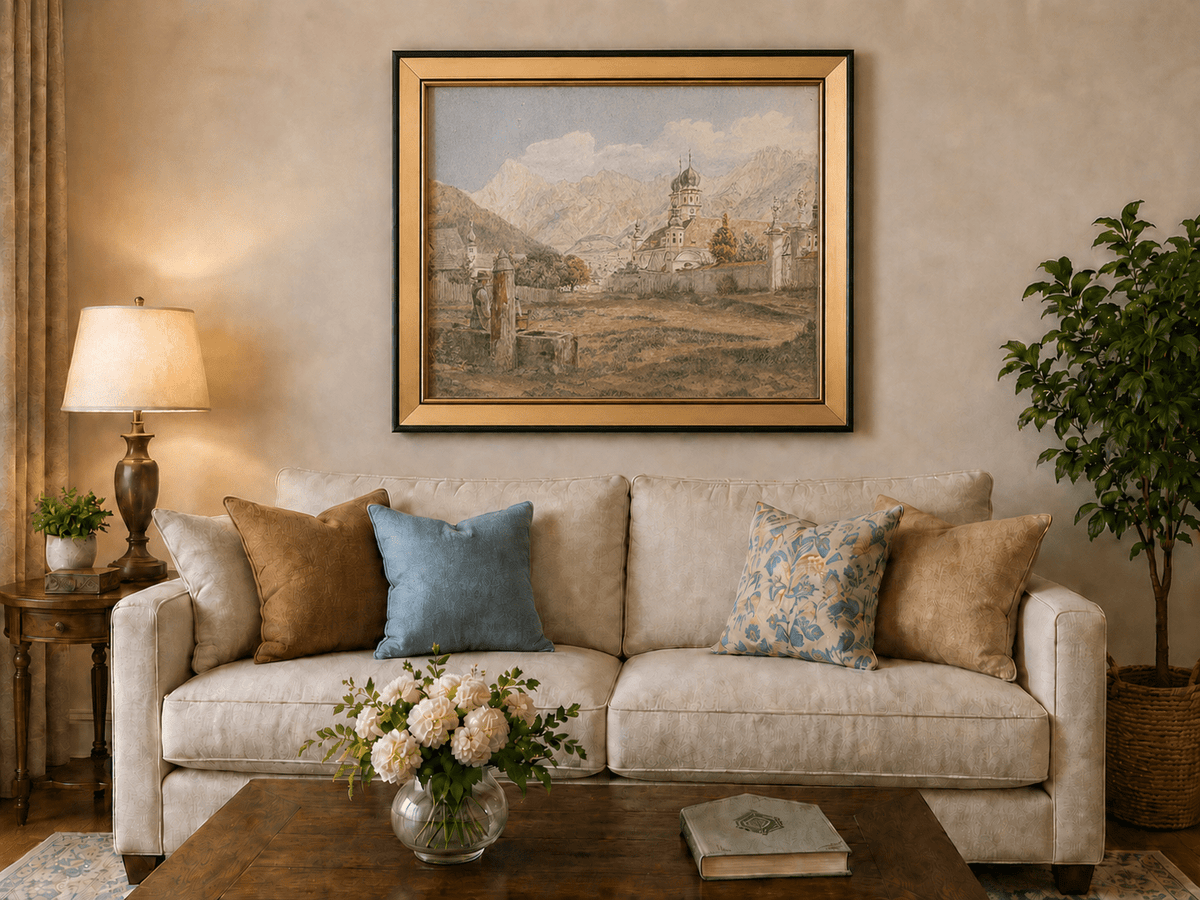 Landscape Oil Painting - Alpine Church Town with Mountains