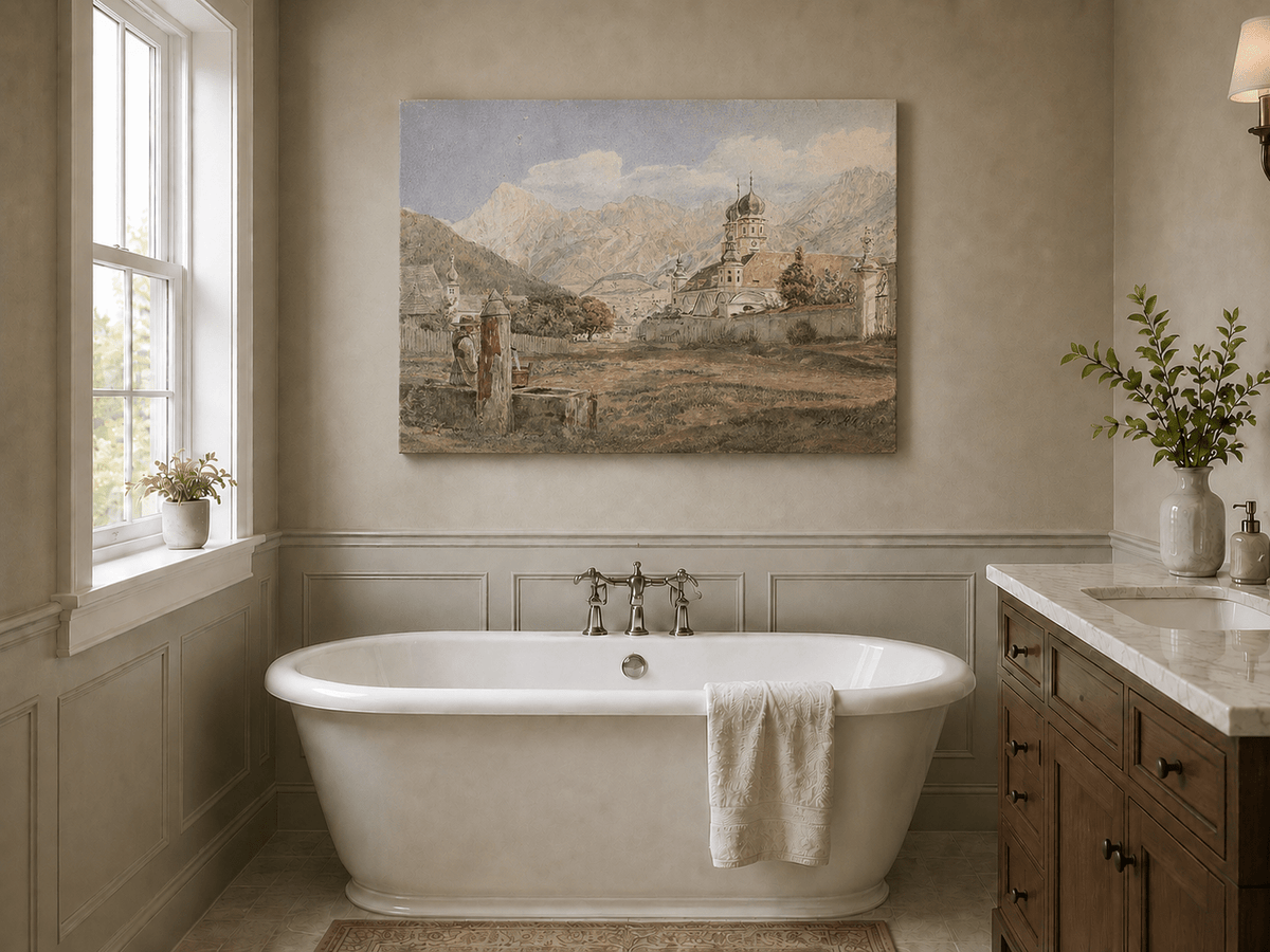 Landscape Oil Painting - Alpine Church Town with Mountains