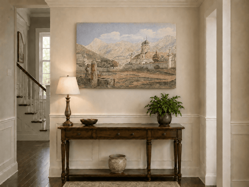 Landscape Oil Painting - Alpine Church Town with Mountains