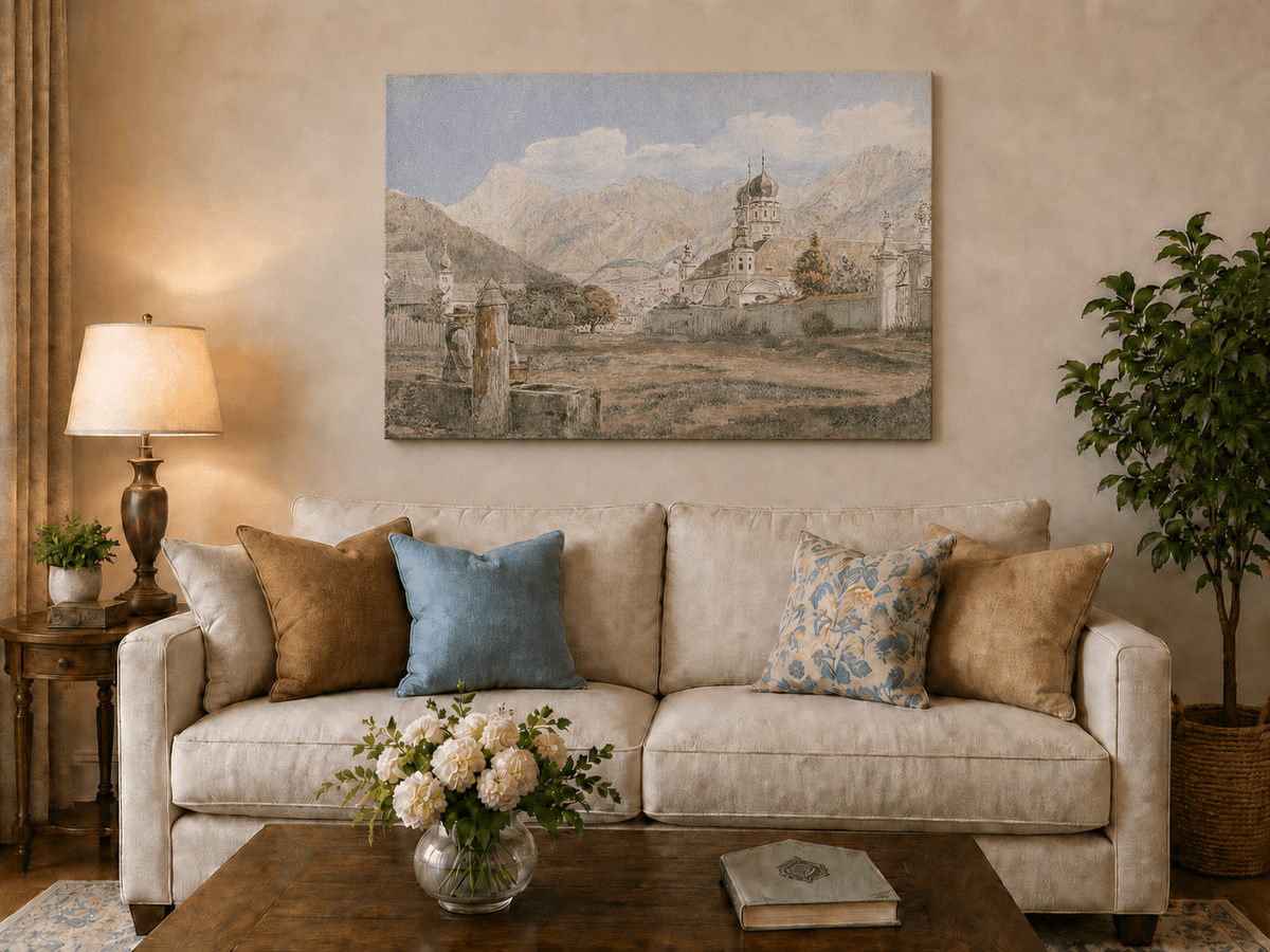 Landscape Oil Painting - Alpine Church Town with Mountains