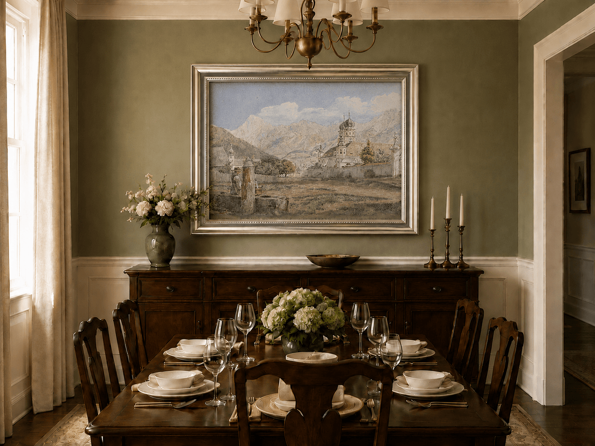 Landscape Oil Painting - Alpine Church Town with Mountains