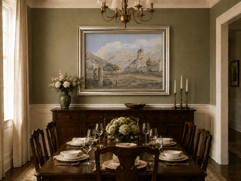 Landscape Oil Painting - Alpine Church Town with Mountains
