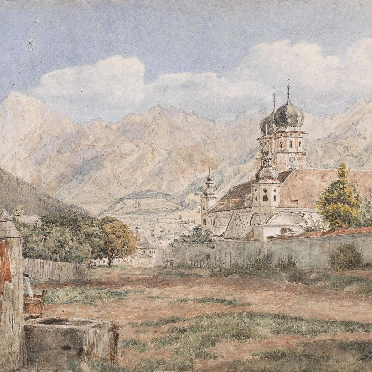 Hand-painted alpine church town with mountains landscape oil painting on canvas