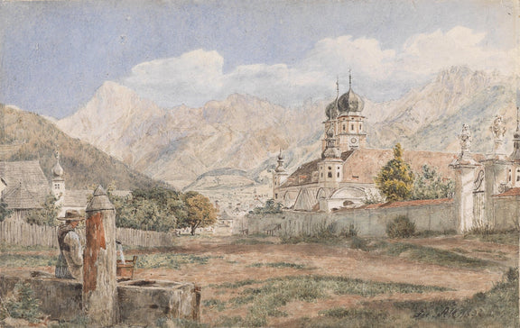 Hand-painted alpine church town with mountains landscape oil painting on canvas