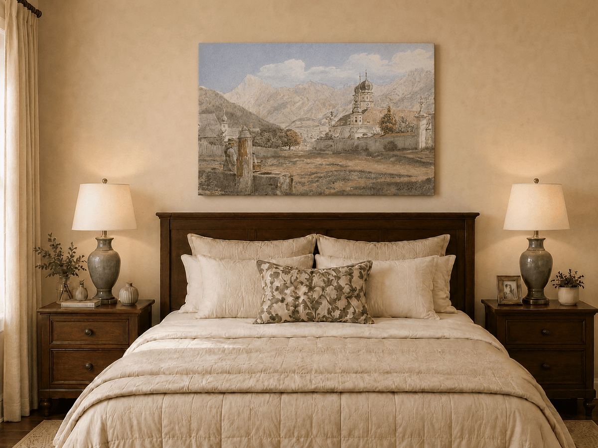 Landscape Oil Painting - Alpine Church Town with Mountains