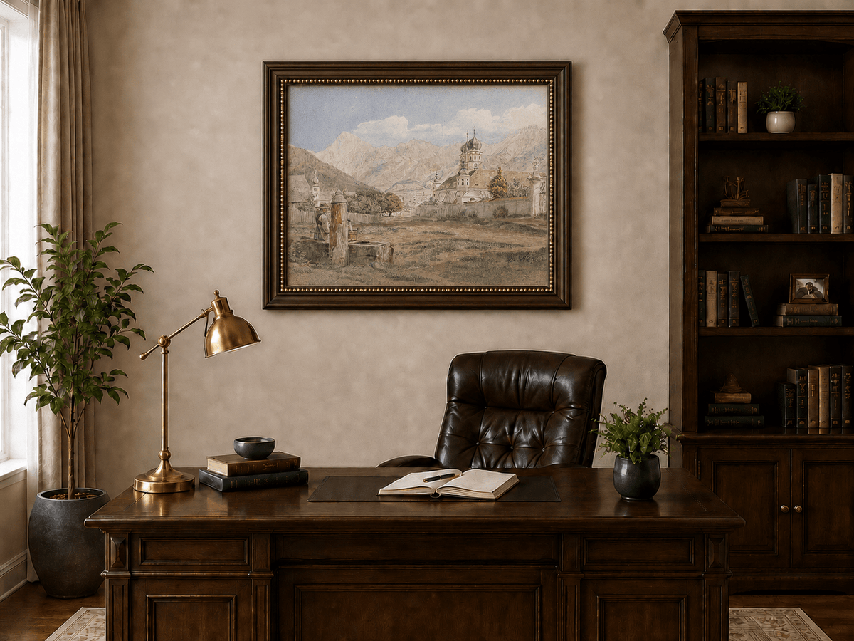 Landscape Oil Painting - Alpine Church Town with Mountains