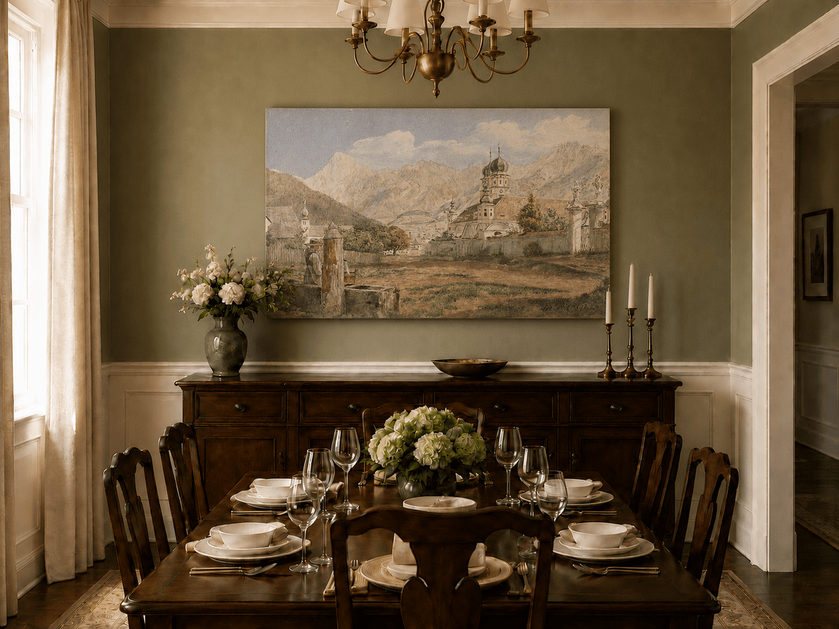 Landscape Oil Painting - Alpine Church Town with Mountains