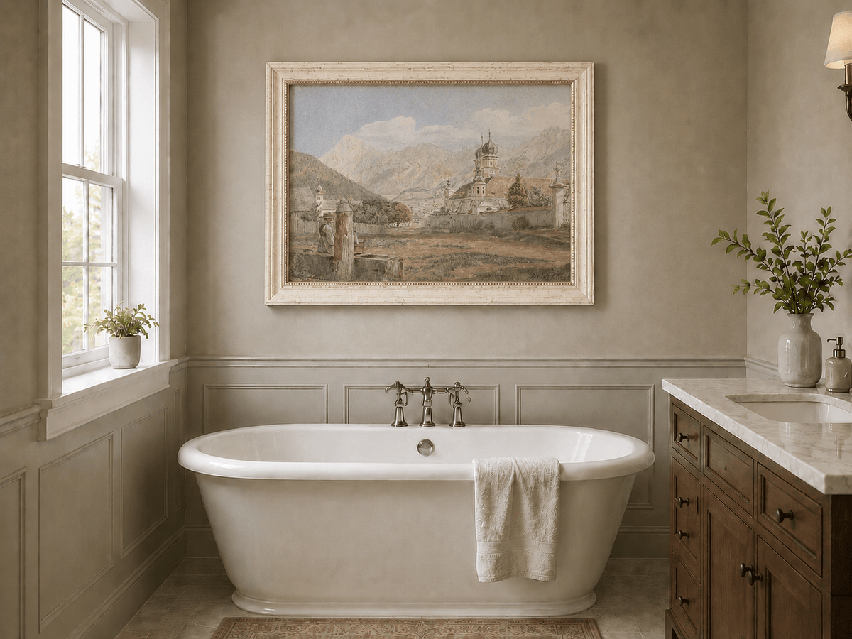 Landscape Oil Painting - Alpine Church Town with Mountains