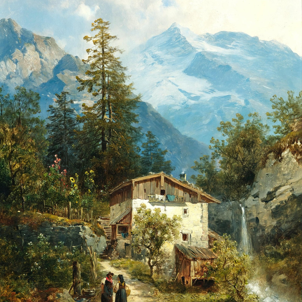 Landschaftsgemälde in Öl – Frühlingsfluss mit Fischer und Bäumen