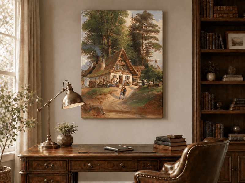 Landscape Oil Painting - Alpine Cottage Gathering