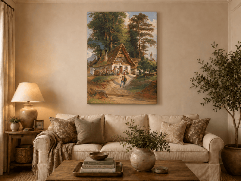 Landscape Oil Painting - Alpine Cottage Gathering