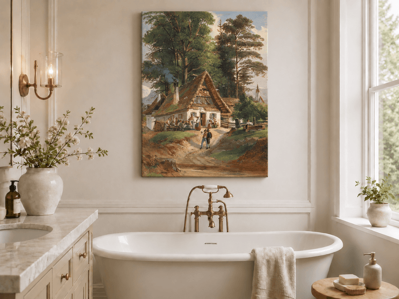 Landscape Oil Painting - Alpine Cottage Gathering