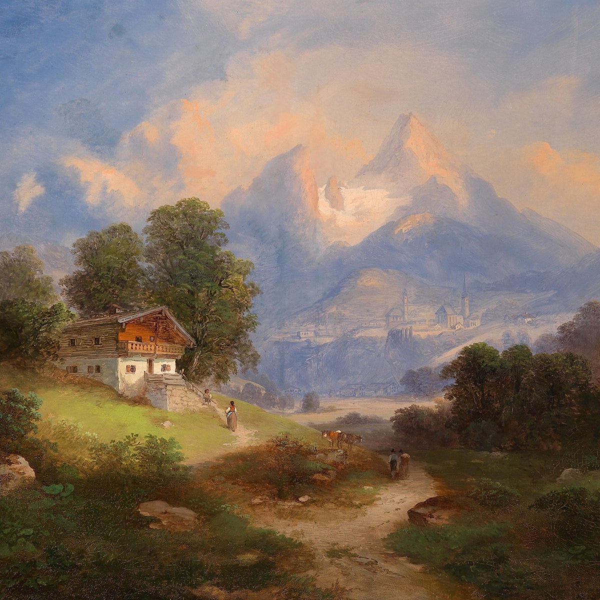 Landscape Oil Painting - Alpine cottage & mountain path, distant peaks - Oil Painting Haven