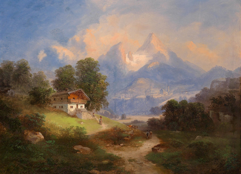 Landscape Oil Painting - Alpine cottage & mountain path, distant peaks - Oil Painting Haven