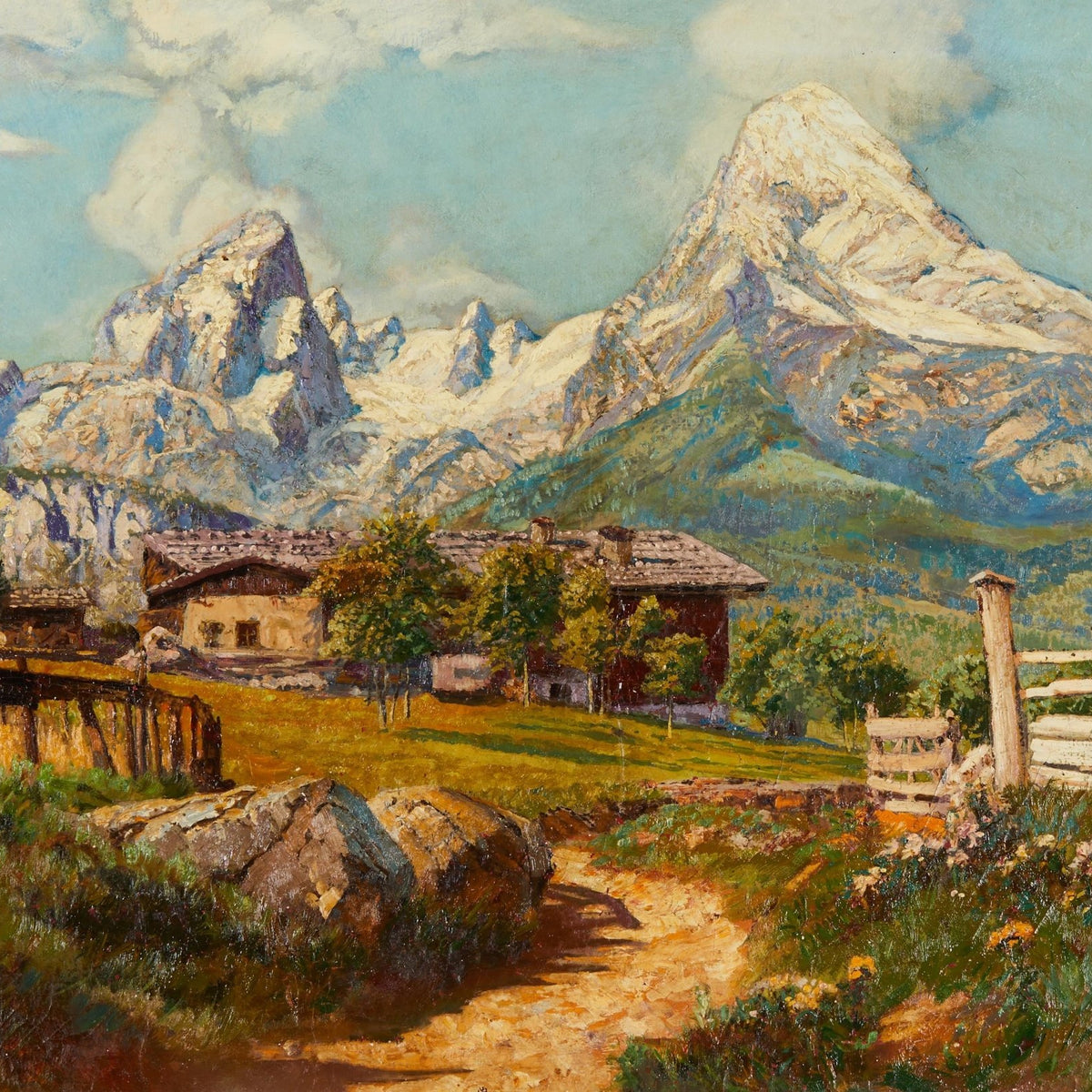 Landscape Oil Painting - Alpine Farmhouse Beneath Snow Peaks