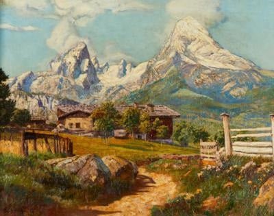 Landscape Oil Painting - Alpine Farmhouse Beneath Snow Peaks - Oil Painting Haven