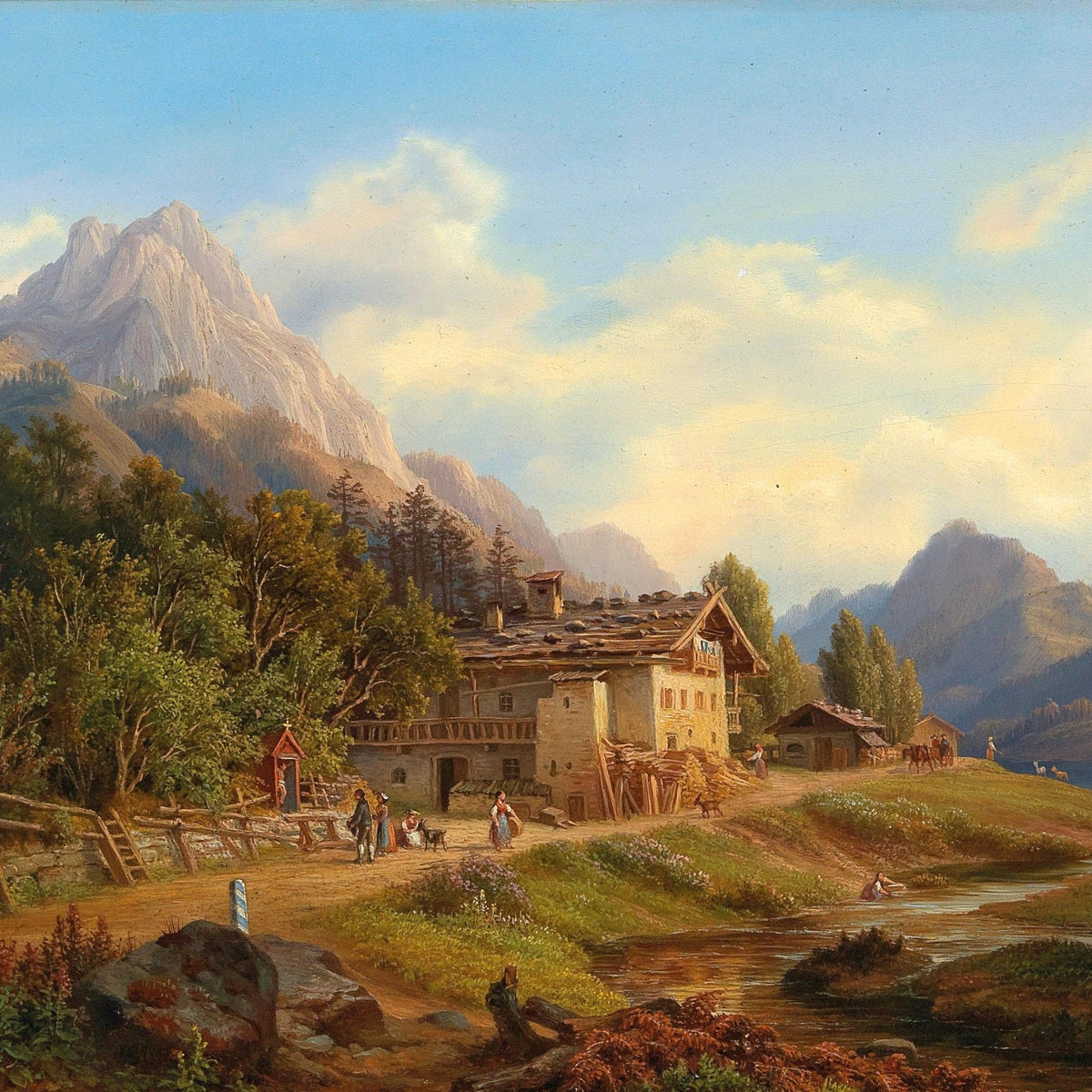 Hand-painted alpine farmhouse by mountain stream landscape oil painting on canvas