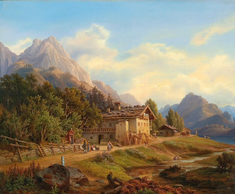 Hand-painted alpine farmhouse by mountain stream landscape oil painting on canvas