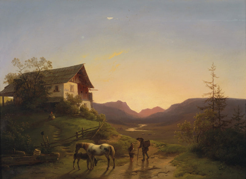 Landscape Oil Painting - Alpine Farmhouse Sunset, Horse, Figures - Oil Painting Haven