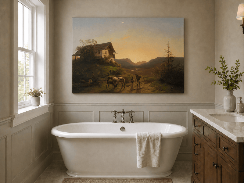 Landschaftsgemälde (Öl) – Sonnenuntergang über einem alpinen Bauernhaus, Pferd, Figuren