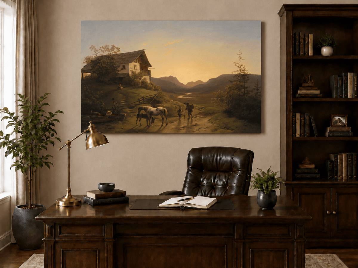 Landschaftsgemälde (Öl) – Sonnenuntergang über einem alpinen Bauernhaus, Pferd, Figuren