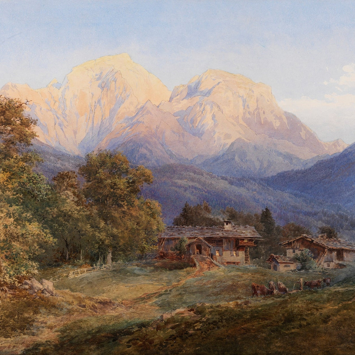 Hand-painted alpine farmhouses and snow peaks landscape oil painting on canvas