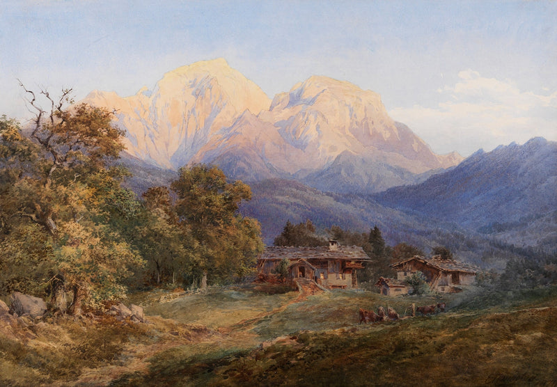 Hand-painted alpine farmhouses and snow peaks landscape oil painting on canvas