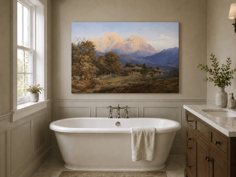 Landscape Oil Painting - Alpine Farmhouses and Snow Peaks
