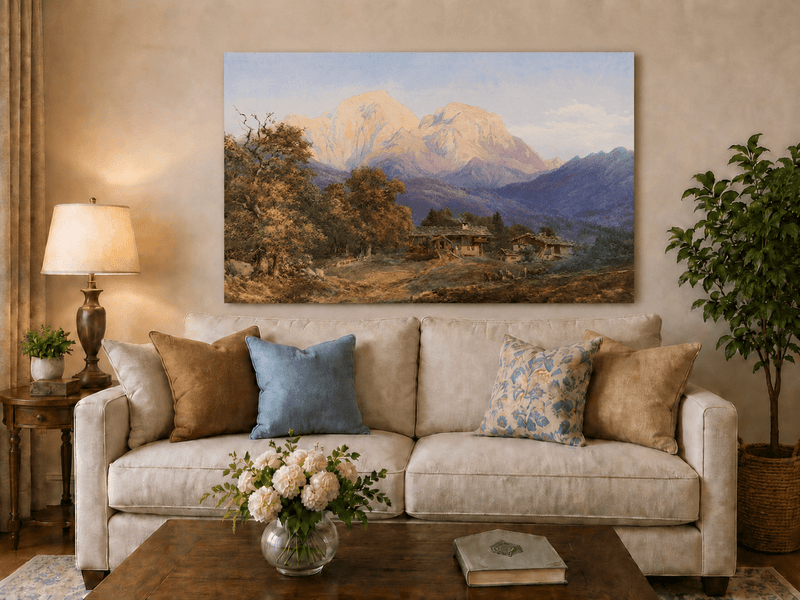 Landscape Oil Painting - Alpine Farmhouses and Snow Peaks