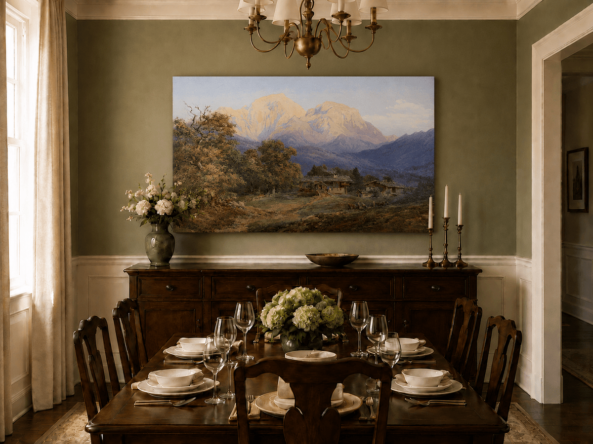 Landscape Oil Painting - Alpine Farmhouses and Snow Peaks