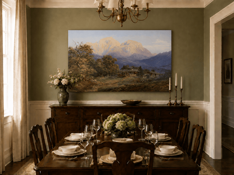 Landscape Oil Painting - Alpine Farmhouses and Snow Peaks