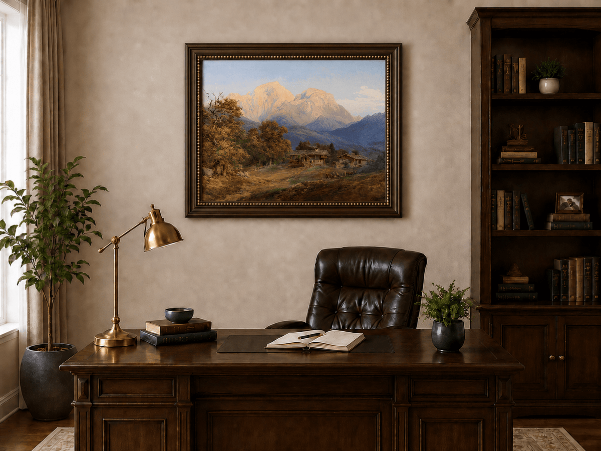 Landscape Oil Painting - Alpine Farmhouses and Snow Peaks