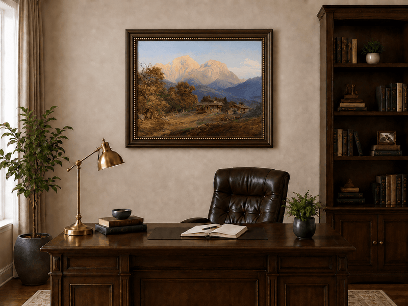Landscape Oil Painting - Alpine Farmhouses and Snow Peaks