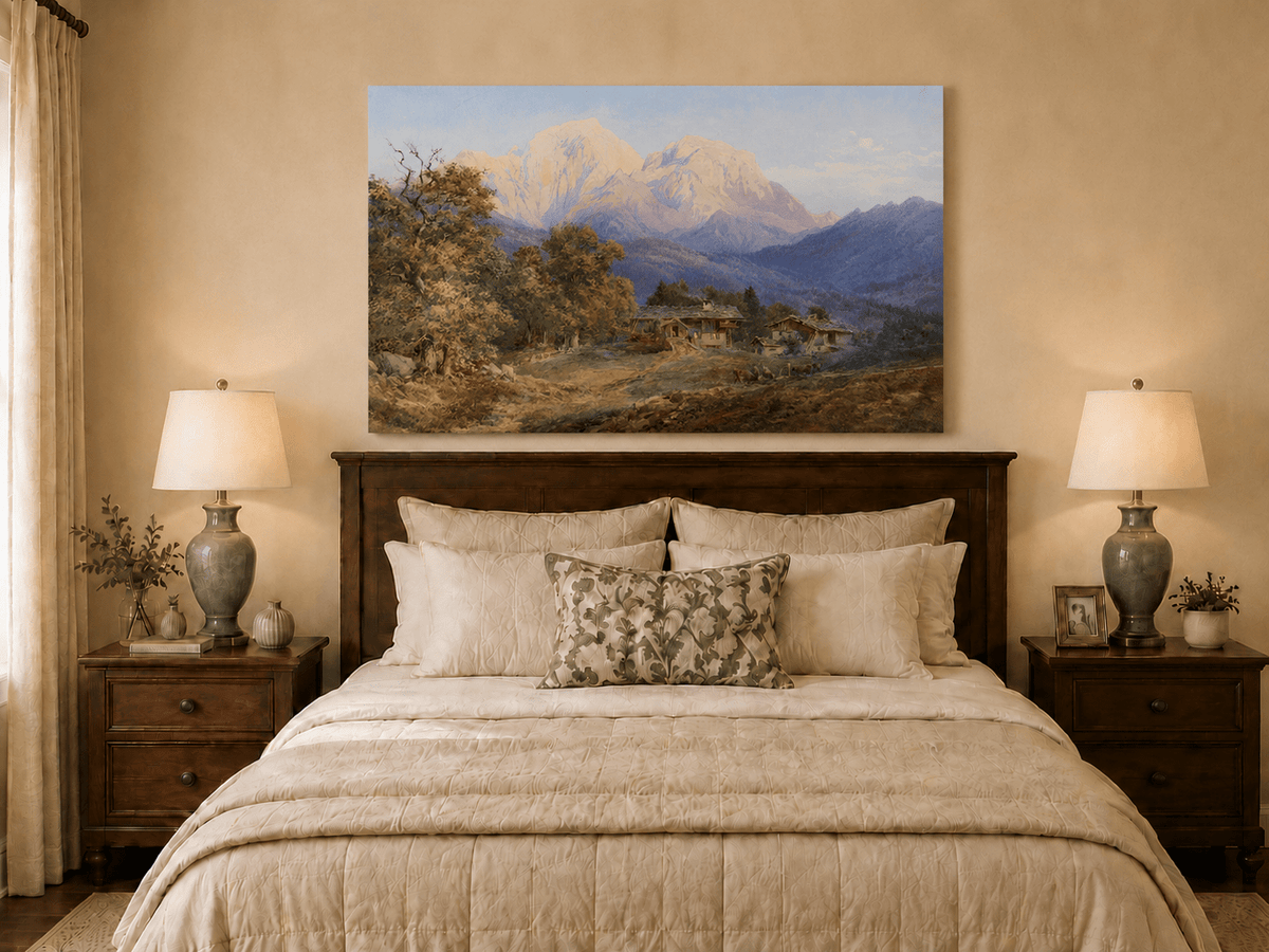 Landscape Oil Painting - Alpine Farmhouses and Snow Peaks