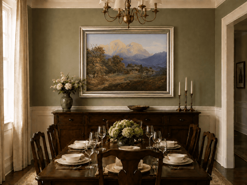 Landscape Oil Painting - Alpine Farmhouses and Snow Peaks