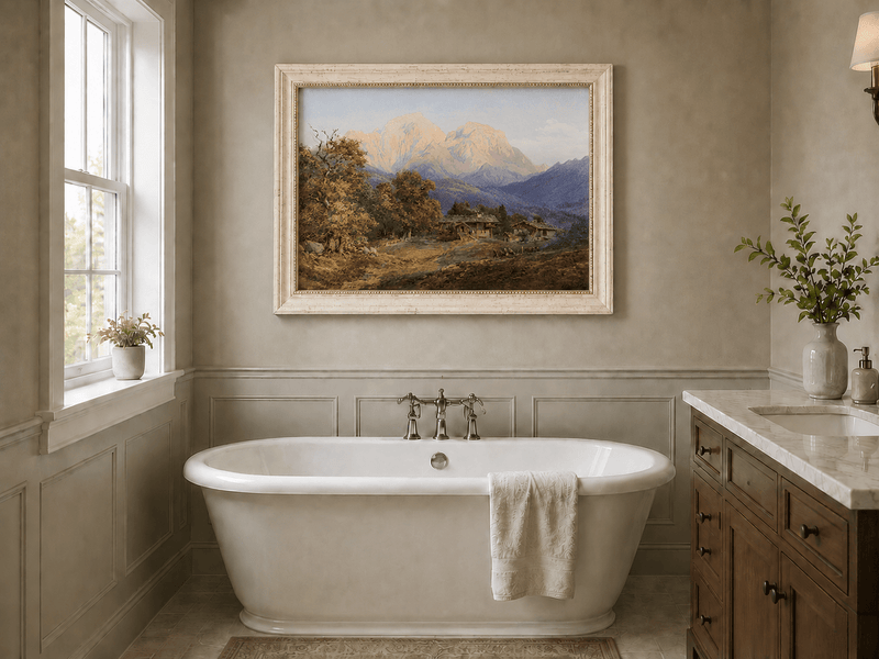 Landscape Oil Painting - Alpine Farmhouses and Snow Peaks