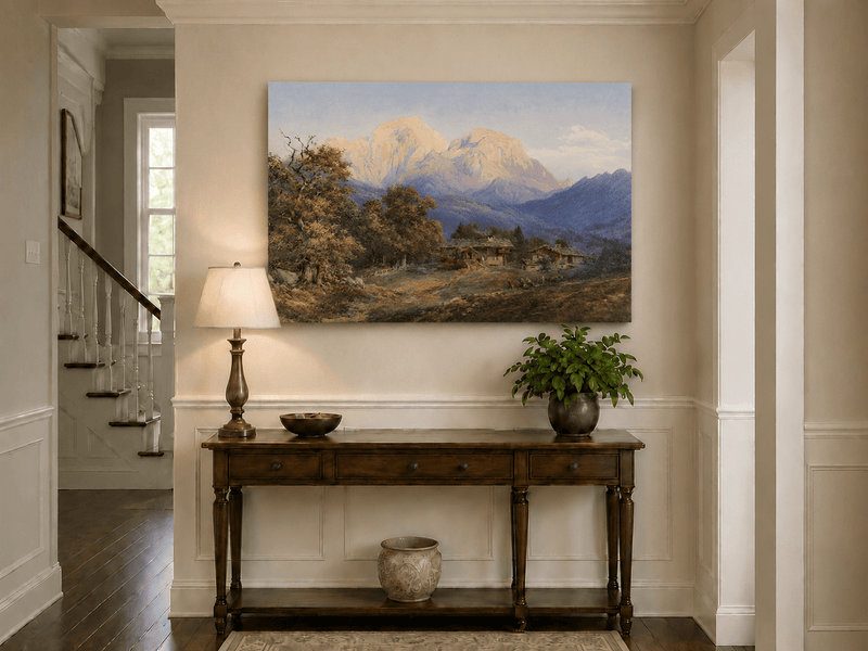 Landscape Oil Painting - Alpine Farmhouses and Snow Peaks