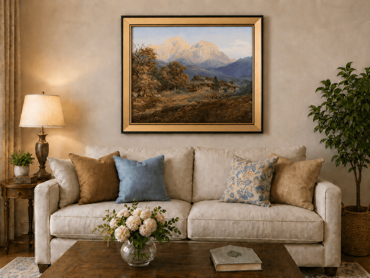 Landscape Oil Painting - Alpine Farmhouses and Snow Peaks