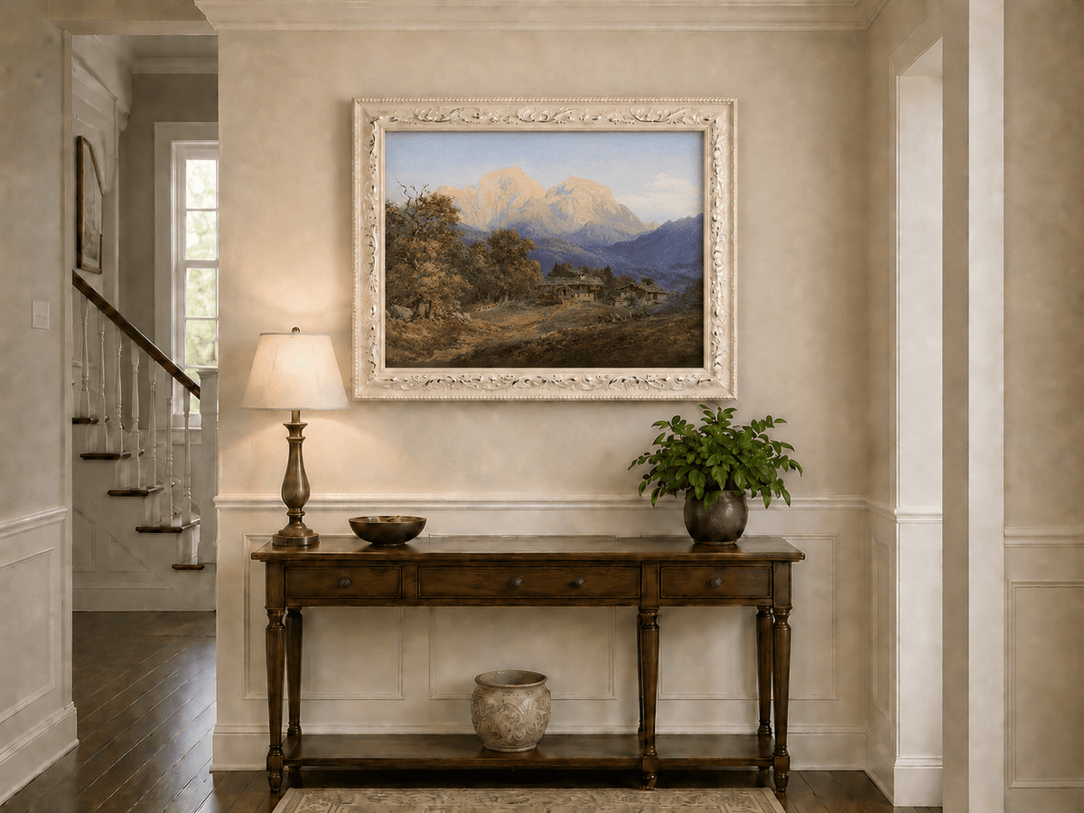 Landscape Oil Painting - Alpine Farmhouses and Snow Peaks