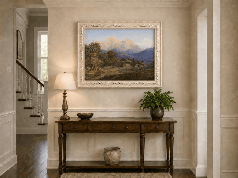 Landscape Oil Painting - Alpine Farmhouses and Snow Peaks