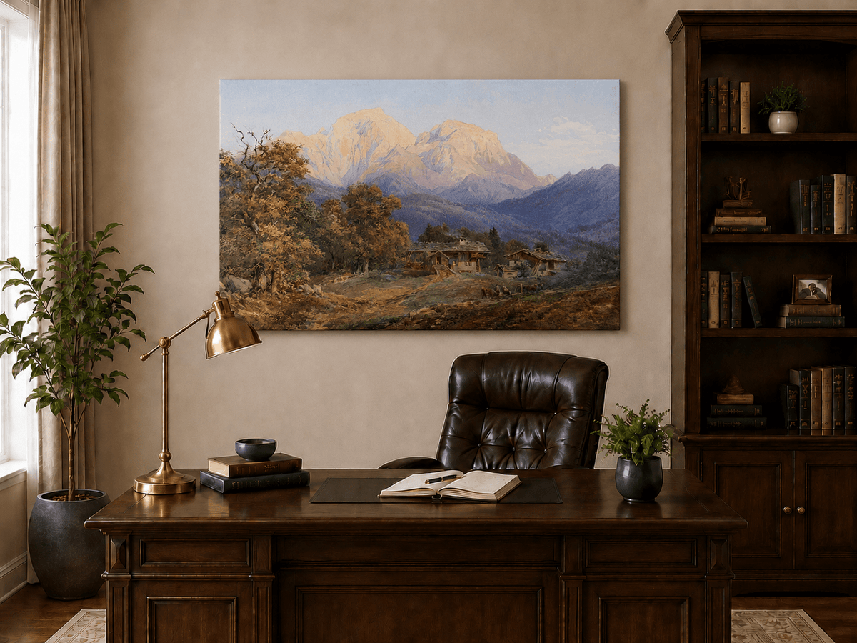 Landscape Oil Painting - Alpine Farmhouses and Snow Peaks